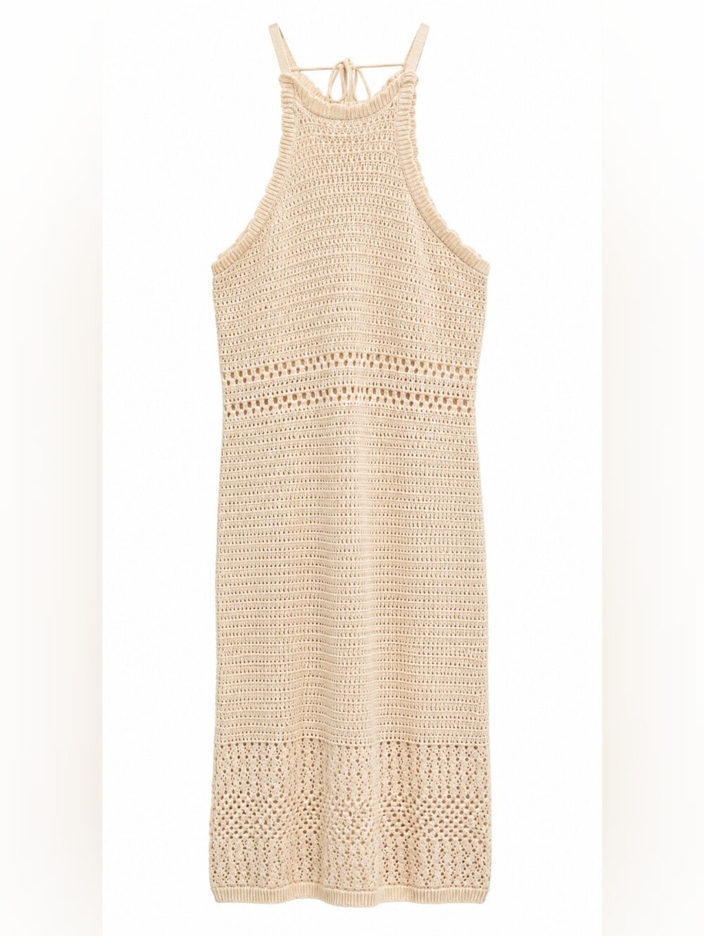 Arizona Jean Co. Cream Crochet Halter Maxi, Lined, Tie Back, Boho Coastal, XL